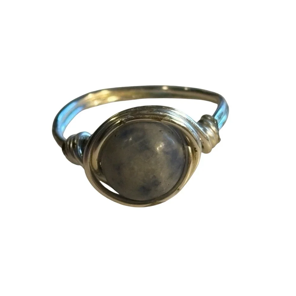 Sodalite Stone Ring Handtied Wire Wrap Gemstone Silver Tone Size 5.75 Blue White